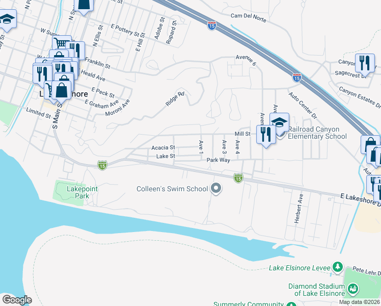 map of restaurants, bars, coffee shops, grocery stores, and more near 759 Lake Street in Lake Elsinore