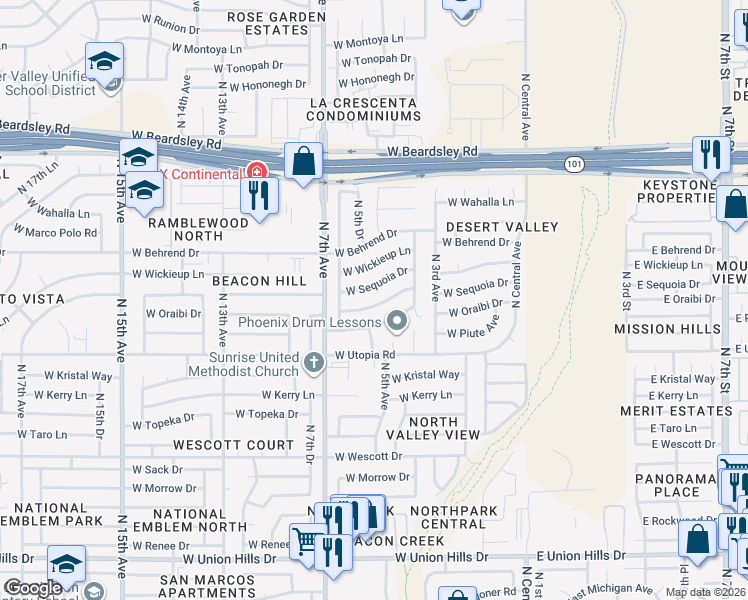 map of restaurants, bars, coffee shops, grocery stores, and more near 407 West Sequoia Drive in Phoenix