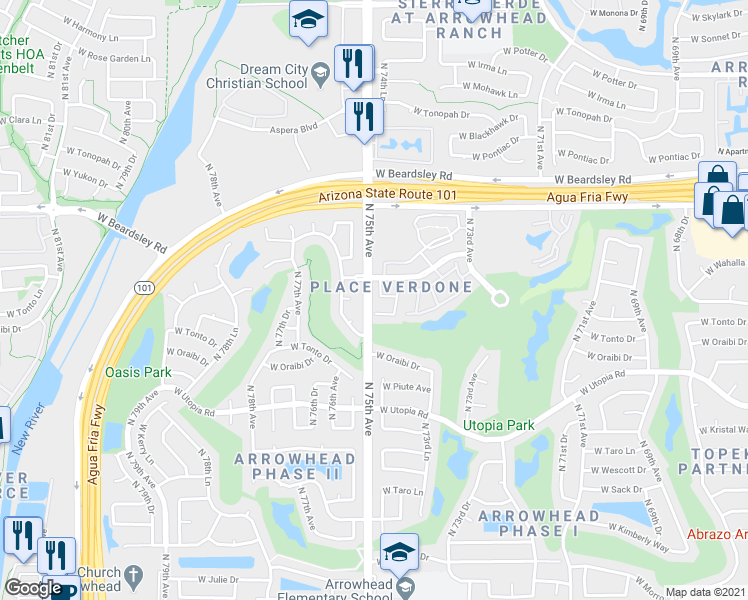 map of restaurants, bars, coffee shops, grocery stores, and more near 19993 North Matilda Lane in Glendale