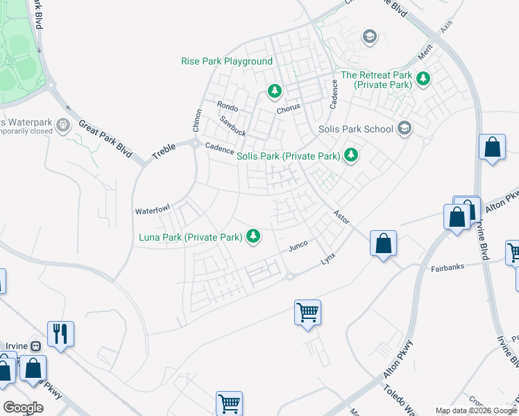 map of restaurants, bars, coffee shops, grocery stores, and more near Z Street in Irvine
