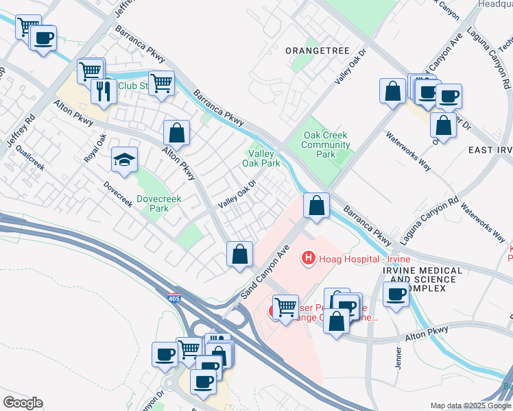 map of restaurants, bars, coffee shops, grocery stores, and more near 229 Oak Glen in Irvine
