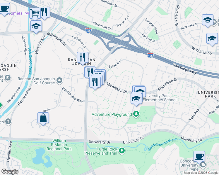 map of restaurants, bars, coffee shops, grocery stores, and more near 27 Butler Street in Irvine