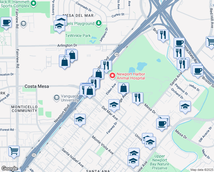 map of restaurants, bars, coffee shops, grocery stores, and more near 120 Lisa Lane in Costa Mesa