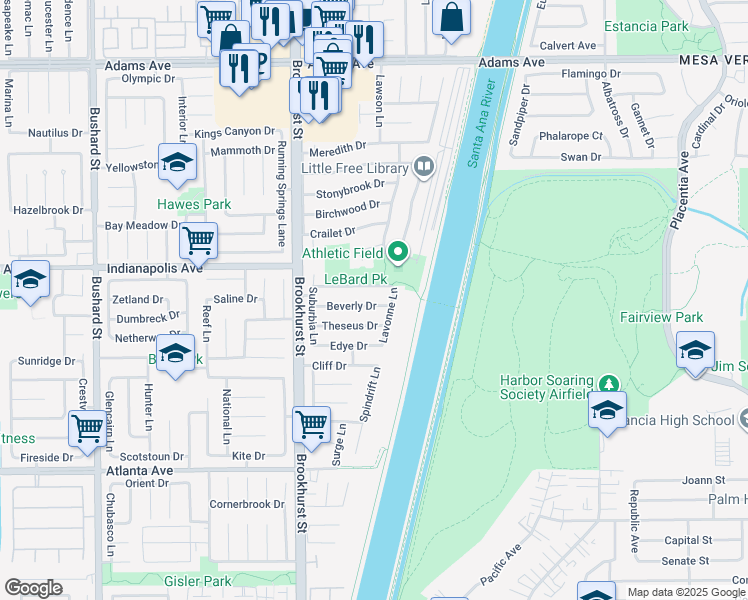 map of restaurants, bars, coffee shops, grocery stores, and more near 10152 Cynthia Drive in Huntington Beach