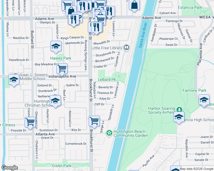 map of restaurants, bars, coffee shops, grocery stores, and more near 10152 Cynthia Drive in Huntington Beach