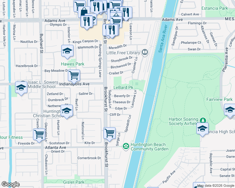 map of restaurants, bars, coffee shops, grocery stores, and more near 20532 Suburbia Lane in Huntington Beach
