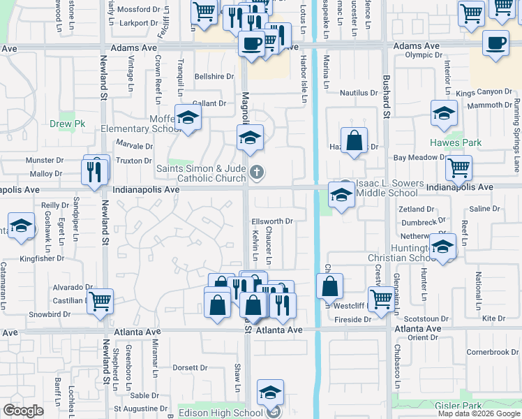 map of restaurants, bars, coffee shops, grocery stores, and more near 20532 Callieburn Circle in Huntington Beach