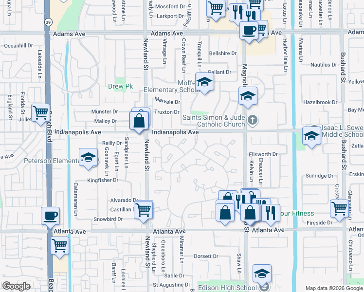 map of restaurants, bars, coffee shops, grocery stores, and more near 8685 Merced Circle in Huntington Beach