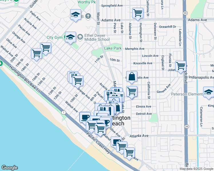 map of restaurants, bars, coffee shops, grocery stores, and more near 617 8th Street in Huntington Beach