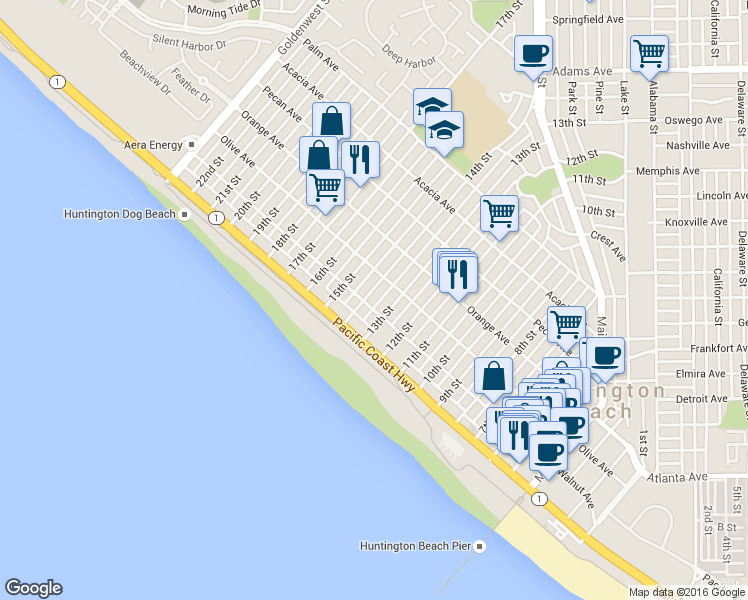 map of restaurants, bars, coffee shops, grocery stores, and more near 302 14th Street in Huntington Beach