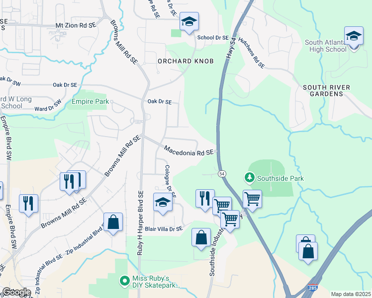 map of restaurants, bars, coffee shops, grocery stores, and more near 416 Macedonia Road Southeast in Atlanta