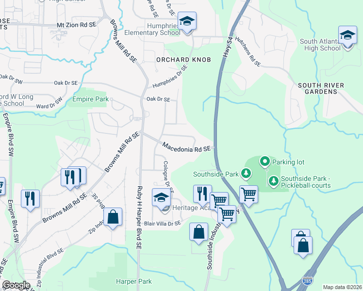 map of restaurants, bars, coffee shops, grocery stores, and more near 415 Belgarde Place Southeast in Atlanta