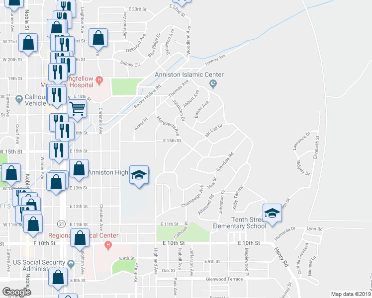map of restaurants, bars, coffee shops, grocery stores, and more near 916 East 15th Street in Anniston