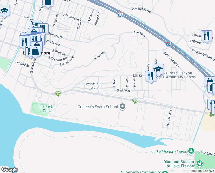 map of restaurants, bars, coffee shops, grocery stores, and more near 759 Lake Street in Lake Elsinore