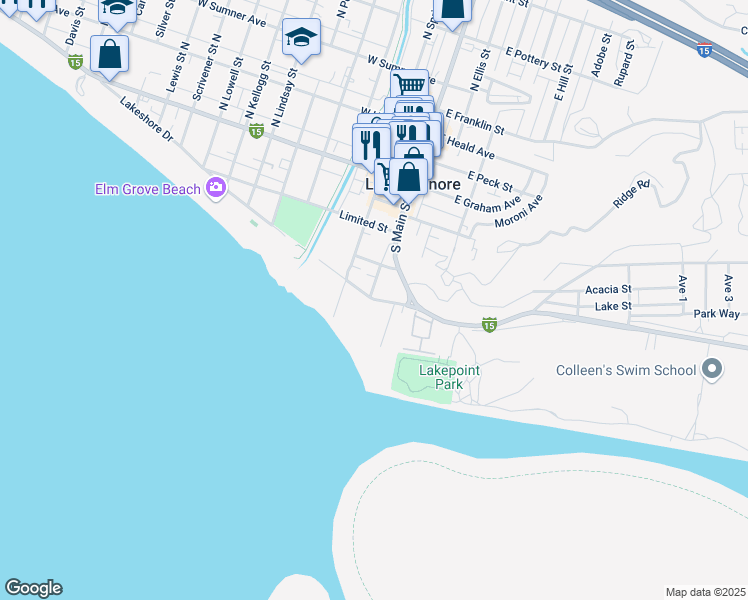 map of restaurants, bars, coffee shops, grocery stores, and more near 61 Lakeshore Drive in Lake Elsinore