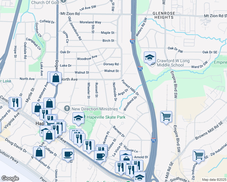 map of restaurants, bars, coffee shops, grocery stores, and more near 3315 Northside Drive in Hapeville