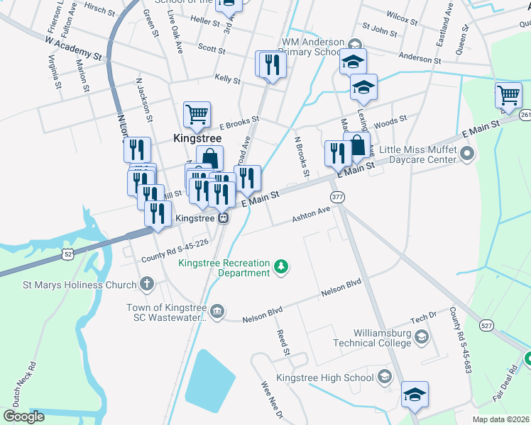 map of restaurants, bars, coffee shops, grocery stores, and more near 245 East Main Street in Kingstree