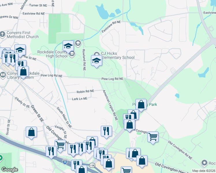 map of restaurants, bars, coffee shops, grocery stores, and more near 1357 Pine Logging Road Northeast in Conyers