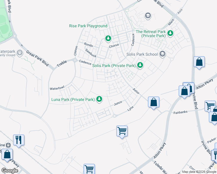 map of restaurants, bars, coffee shops, grocery stores, and more near Z Street in Irvine
