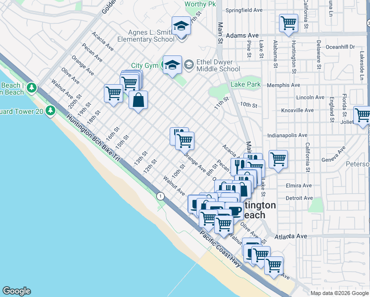 map of restaurants, bars, coffee shops, grocery stores, and more near 406 11th Street in Huntington Beach