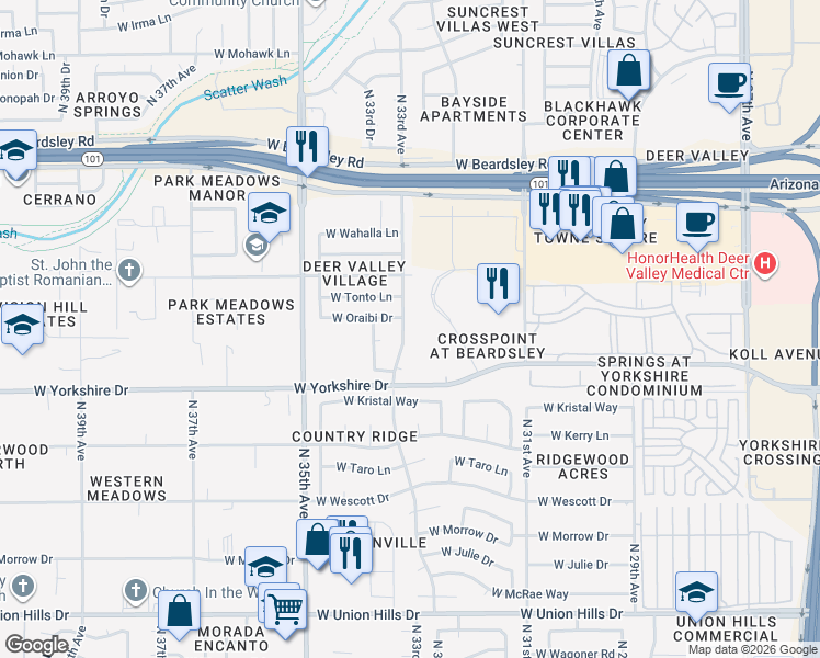 map of restaurants, bars, coffee shops, grocery stores, and more near 3302 West Oraibi Drive in Phoenix