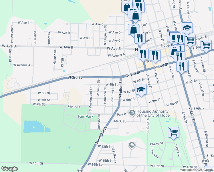 map of restaurants, bars, coffee shops, grocery stores, and more near 1021 West 3rd Street in Hope