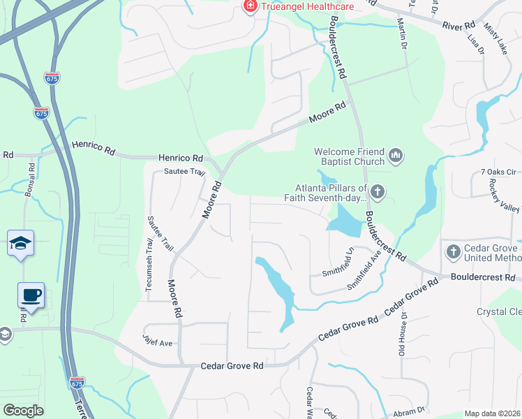 map of restaurants, bars, coffee shops, grocery stores, and more near 3928 Smithfield Trail in Ellenwood