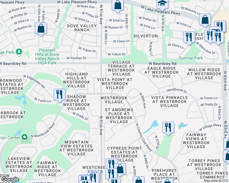 map of restaurants, bars, coffee shops, grocery stores, and more near 9021 West Marco Polo Road in Peoria