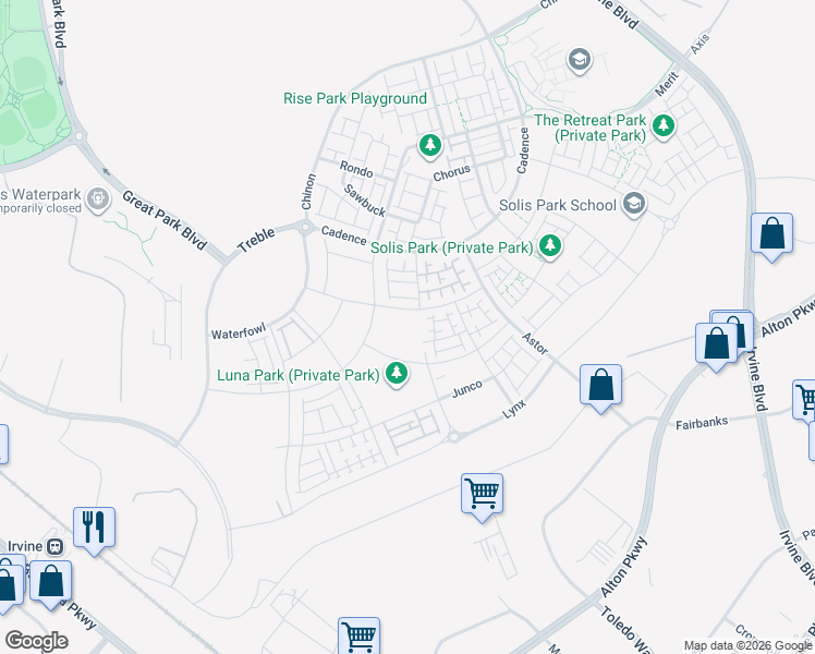 map of restaurants, bars, coffee shops, grocery stores, and more near Z Street in Irvine