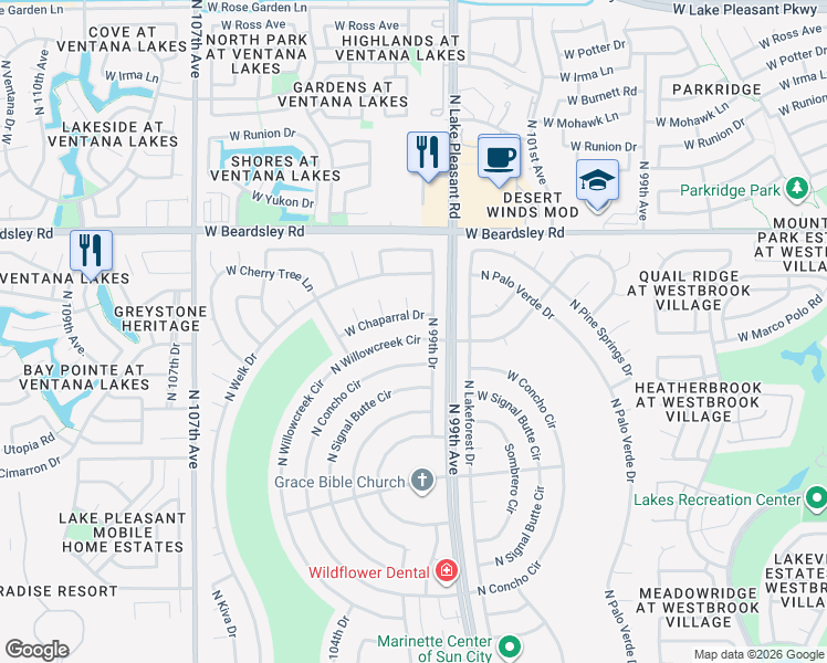 map of restaurants, bars, coffee shops, grocery stores, and more near 10301 West Chaparral Drive in Sun City