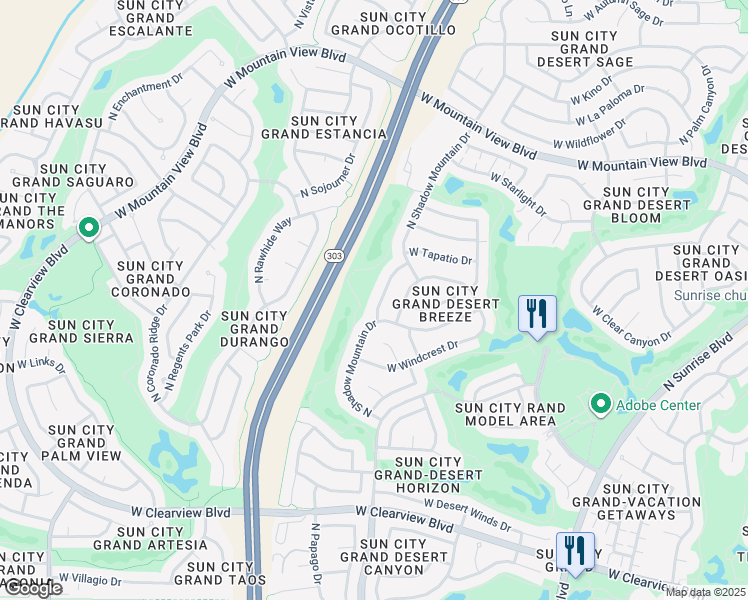 map of restaurants, bars, coffee shops, grocery stores, and more near 20030 North Shadow Mountain Drive in Surprise