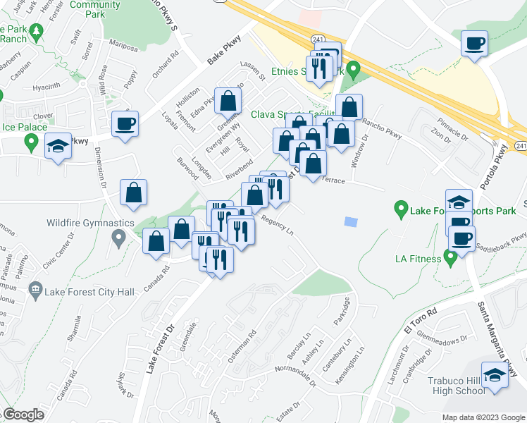 map of restaurants, bars, coffee shops, grocery stores, and more near 20552 Lake Forest Drive in Lake Forest