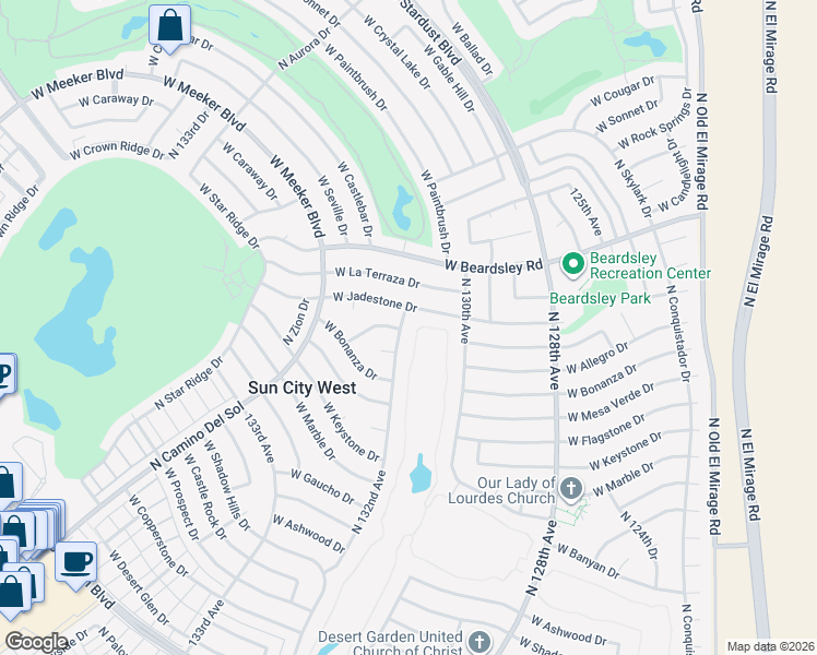 map of restaurants, bars, coffee shops, grocery stores, and more near 13023 West Jadestone Drive in Sun City West