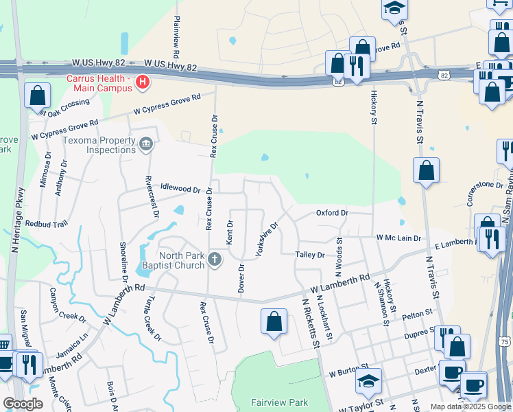 map of restaurants, bars, coffee shops, grocery stores, and more near 1009 Windsor Drive in Sherman