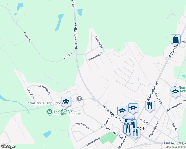 map of restaurants, bars, coffee shops, grocery stores, and more near 367 Conner Court in Social Circle