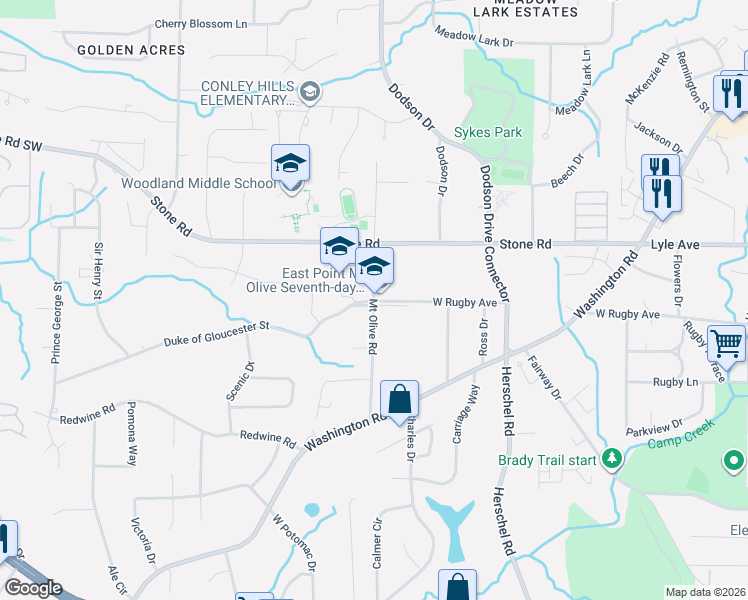 map of restaurants, bars, coffee shops, grocery stores, and more near 3346 Mount Olive Road in Atlanta