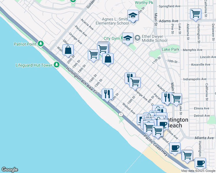 map of restaurants, bars, coffee shops, grocery stores, and more near 210 14th Street in Huntington Beach