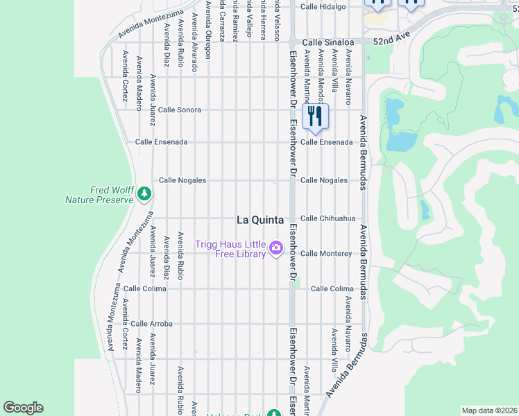 map of restaurants, bars, coffee shops, grocery stores, and more near 52945 Avenue Herrera in La Quinta