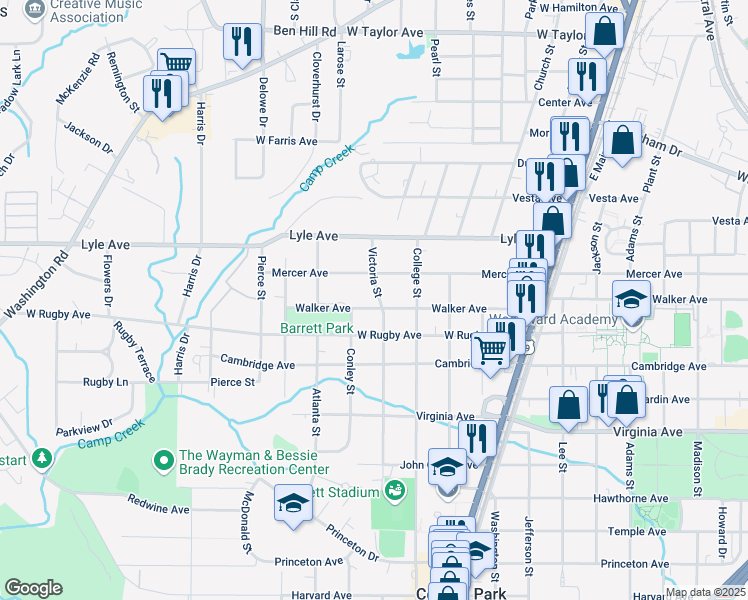 map of restaurants, bars, coffee shops, grocery stores, and more near 1957 Walker Avenue in Atlanta