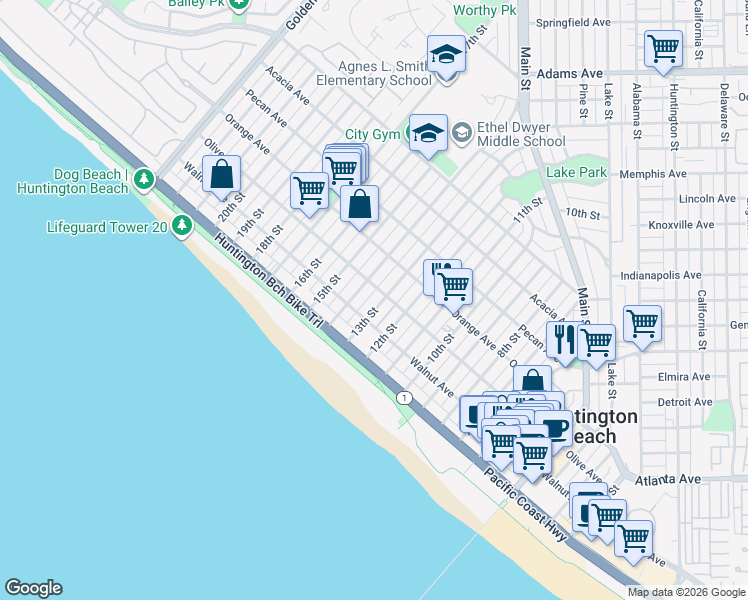 map of restaurants, bars, coffee shops, grocery stores, and more near 219 13th Street in Huntington Beach