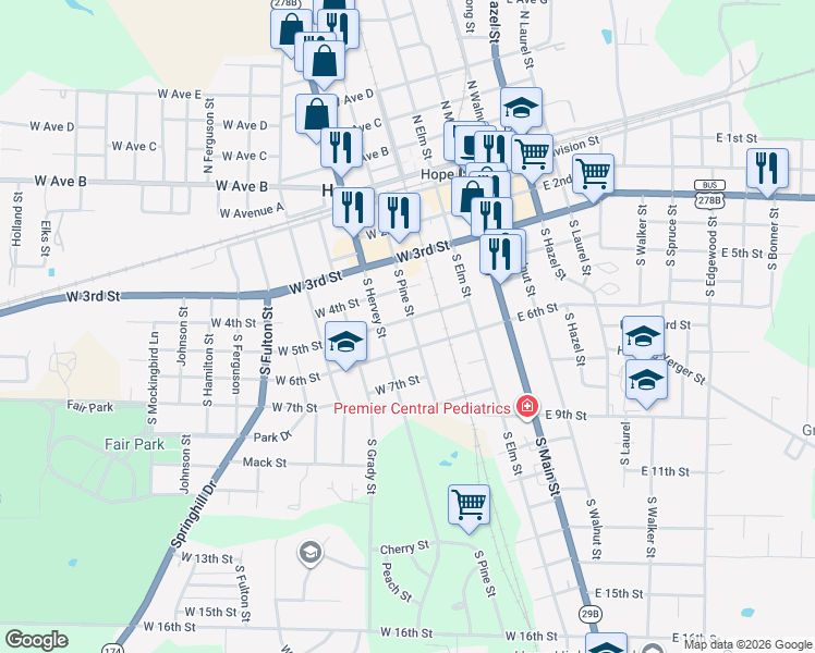map of restaurants, bars, coffee shops, grocery stores, and more near 312 West 5th Street in Hope