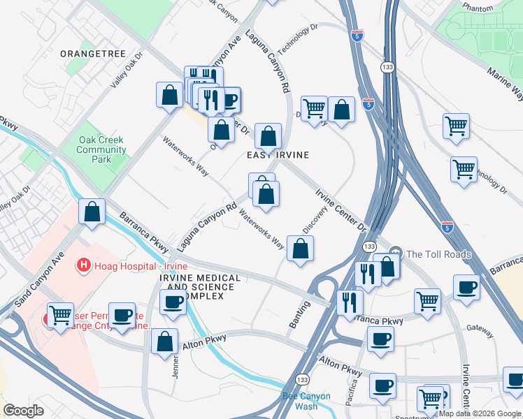 map of restaurants, bars, coffee shops, grocery stores, and more near 15775 Laguna Canyon Rd in Irvine