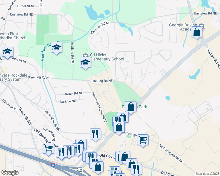 map of restaurants, bars, coffee shops, grocery stores, and more near 844 Park Place Northeast in Conyers