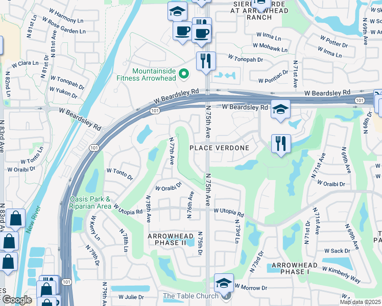 map of restaurants, bars, coffee shops, grocery stores, and more near 19933 North 77th Avenue in Glendale