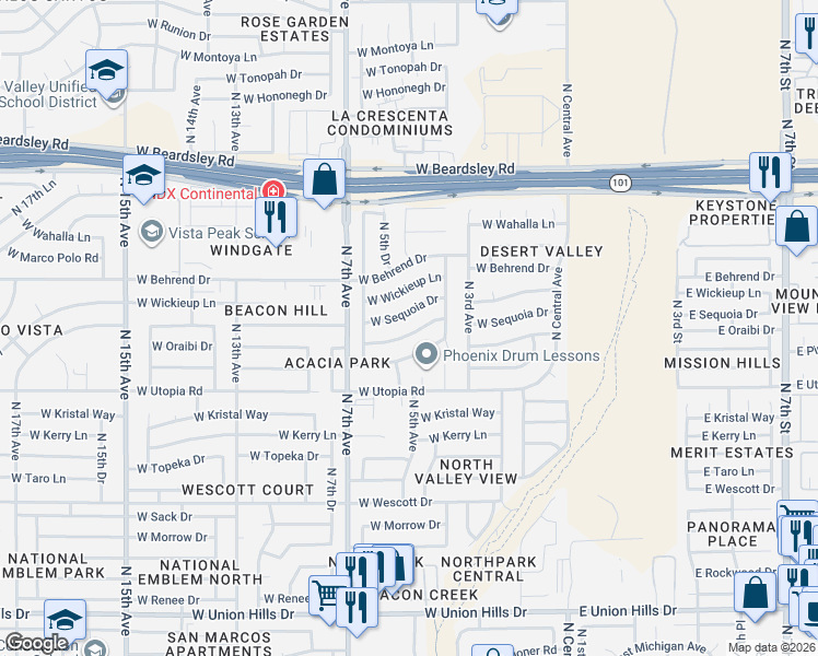 map of restaurants, bars, coffee shops, grocery stores, and more near 407 West Sequoia Drive in Phoenix