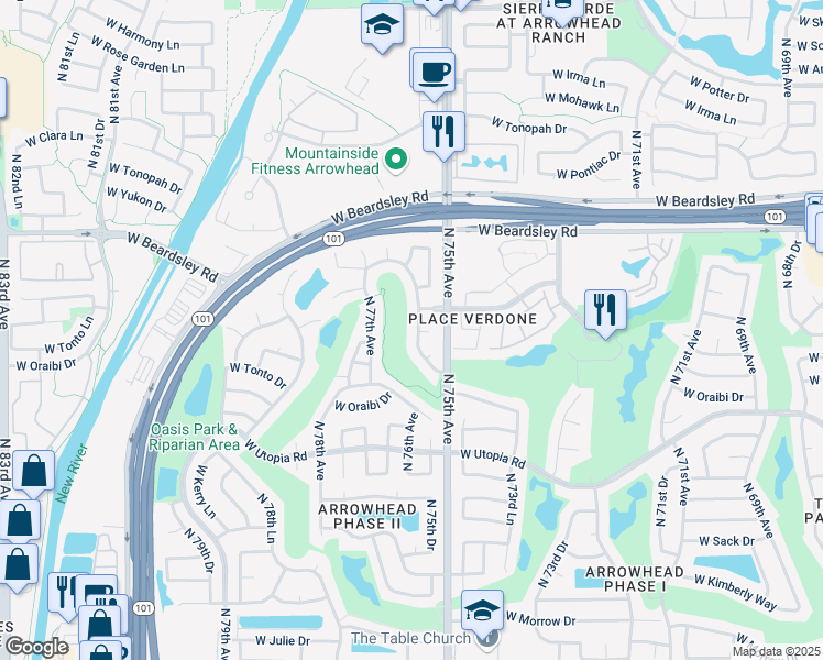 map of restaurants, bars, coffee shops, grocery stores, and more near 19933 North 77th Avenue in Glendale