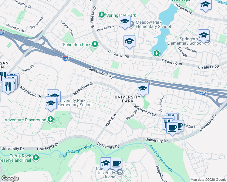 map of restaurants, bars, coffee shops, grocery stores, and more near 13 Almond Tree Lane in Irvine