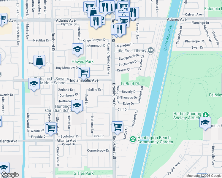 map of restaurants, bars, coffee shops, grocery stores, and more near 20542 Salt Air Circle in Huntington Beach