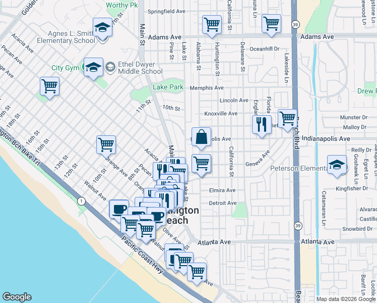map of restaurants, bars, coffee shops, grocery stores, and more near 702 Lake Street in Huntington Beach