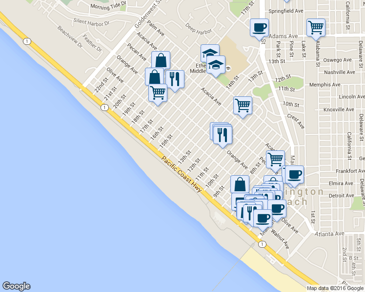 map of restaurants, bars, coffee shops, grocery stores, and more near 302 14th Street in Huntington Beach